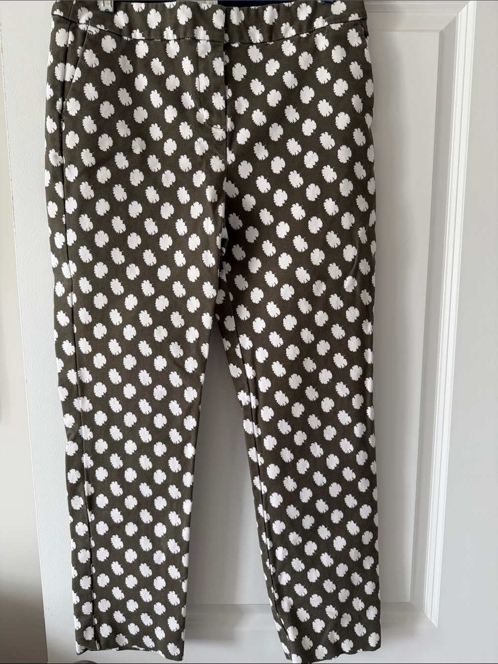 Boden Olive Green Leggings with White Dot Print altered to be a regular length 8